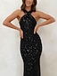 Χαμηλού Κόστους Πάρτι Φορέματα-γυναικείο μαύρο φόρεμα μάξι φόρεμα για διακοπές κομψές παγιέτες με λάμψη αμάνικο λαιμόκοψη καλοκαιρινή άνοιξη