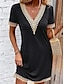 זול שמלות פשוטות-בגדי ריקוד נשים שמלה שחורה שמלת מידי עיטור תחרה אלגנטית וינטאג&#039; צווארון V ללא שרוולים שחור צבע