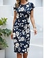 cheap Print Dresses-Women&#039;s Floral Crew Neck Midi Dress Short Sleeve Summer