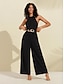 baratos Jumpsuits-Macacão feminino de chiffon preto com cintura alta (cinto incluído)