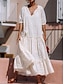 billige ensfargede kjoler-Dame Hvit kjole Maxikjole Drapering Gatemote Maxi V-hals Halvlange ermer Hvit Farge