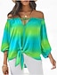 cheap Women&#039;s Blouses &amp; Shirts-Women&#039;s Shirt Blouse Color Gradient Vacation Going out Lace up Print Puff Sleeve Light Green Long Sleeve Casual Off Shoulder Spring &amp; Summer
