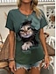 cheap Women&#039;s T-shirts-Women&#039;s T shirt Tee 3D cat Animal Print Daily Weekend Fashion Short Sleeve Round Neck Green Summer
