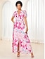 cheap Print Dresses-Women&#039;s Floral Maxi Dress Pink Chiffon A Line Dress Split V Neck Puff Sleeve Button Elegant Stylish Vacation Short Sleeve Summer