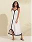 olcso alkalmi ruha-női fehér csúszós maxi ruha szatén színű blokk v nyakú vakációs ruha