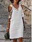 abordables vestidos de algodón y lino de diseño-Mujer Vestido blanco Vestido de encaje Vestido de lino Vestido Midi Encaje Retazos Casual Diario Vacaciones Escote en Pico Media Manga Verano Primavera Blanco Azul Piscina Plano