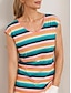 baratos T-Shirts de mulher-Camiseta feminina listra folha impressão diária manga boné arco-íris manga curta diário elegante decote em v verão