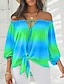 cheap Women&#039;s Blouses &amp; Shirts-Women&#039;s Shirt Blouse Color Gradient Vacation Going out Lace up Print Puff Sleeve Light Green Long Sleeve Casual Off Shoulder Spring &amp; Summer