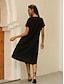 olcso szüreti sima ruhák-Női Hímzett Fekete ruha Midi ruha Virágos V-alakú Rövid ujjú Nyár Tavasz Fekete