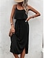 preiswerte schlichte Kleider-Damen schwarzes kleid Midikleid Patchwork Elegant Vintage Ein-Schulter Ärmellos Schwarz Farbe
