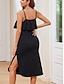 preiswerte schlichte Kleider-Damen schwarzes kleid Midikleid Rüsche Kordelzug Party Elegant Vintage Wasserfallausschnitt Ärmellos Schwarz Farbe