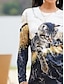 billige T-skjorter til kvinner-Dame T skjorte Katt 3D Trykt mønster Daglig Helg Mote Morsom Langermet Rund hals Gul Vår &amp; Vinter