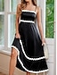 رخيصةأون فساتين عادية-نسائي فستان اسود فستان طويل تقليم الدانتيل أنيق حمالات سباكيتي بدون كم أسود اللون