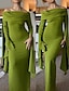 cheap Evening Dresses-Sheath Evening Gown Green Elegant Dress Formal Wedding Guest Floor Length Long Sleeve One Shoulder Capes Stretch Crepe with Ruched 2024