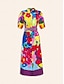 cheap Print Casual Dress-Satin Rainbow Floral Print Belted Midi Shirt Dress