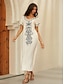 olcso szüreti sima ruhák-Női Hímzett Vintage ruha Hosszú ruha Maxi ruha Virágos V-alakú Rövid ujjú Nyár Tavasz Fehér