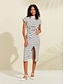 cheap Knit Dress-Cotton Blend Striped Short Sleeves Knit Midi Dress