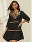 olcso szüreti sima ruhák-Női Hímzett Fekete ruha Mini ruha Virágos Vágott nyak Háromnegyedes Nyár Tavasz Fekete