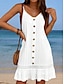 זול שמלות פשוטות-בגדי ריקוד נשים שמלה לבנה שמלת מיני תחרה לַחְצָן אלגנטית בוהמיה צווארון V שרוול 4\3 לבן צבע