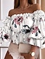 cheap Women&#039;s Blouses &amp; Shirts-Women&#039;s Shirt Blouse Floral Graphic Vacation Going out Ruffle Print Puff Sleeve White Long Sleeve Casual Off Shoulder Spring &amp; Summer