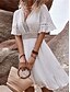 billiga Vita spetsklänningar-Dam Mini klänning Vit klänning Vit spetsklänning med ärmar Boho Chic klänningar Sommarklänning bohemliv Semester Strand Normal Kortärmad V-hals Vit Blå Sommar