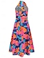 halpa Tyylikkäät kukkaiset mekot-naisten rento mekko kukka lehtiä selkänojaton print riimu kaula midi mekko rento boho päivittäinen loma hihaton kesä