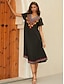 Χαμηλού Κόστους vintage μονόχρωμα φορέματα-Γυναικεία Κεντητό Μαύρο φόρεμα Μίντι φόρεμα Φλοράλ Λαιμόκοψη V Κοντομάνικο Καλοκαίρι Άνοιξη Μαύρο