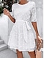 cheap Design Cotton &amp; Linen Dresses-Women&#039;s White Dress Casual Dress Mini Dress Cotton Lace up Eyelet Basic Daily Crew Neck Half Sleeve Summer Spring White Plain