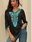 cheap Women&#039;s Blouses &amp; Shirts-Women&#039;s Blouse Floral Embroidered Daily Boho 3/4 Length Sleeve V Neck Black Summer Spring
