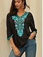 cheap Women&#039;s Blouses &amp; Shirts-Women&#039;s Blouse Rayon Floral Daily Boho 3/4 Length Sleeve V Neck Black Summer Spring