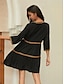 cheap Vintage Plain Dresses-Women&#039;s Embroidered Black Dress Mini Dress Floral Notched Neck 3/4 Length Sleeve Summer Spring Black