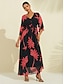 preiswerte Lässiges Kleid mit Aufdruck-Maxikleid aus Chiffon mit V-Ausschnitt und Blätter-Blumen-Print