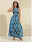 preiswerte Lässiges Kleid mit Aufdruck-Damen Chiffon-Kleid Maxidress Blau Ärmellos Blumen Rüsche Print Frühling Sommer Runden Muster-Kleid S M L