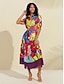 cheap Print Casual Dress-Satin Rainbow Floral Print Belted Midi Shirt Dress