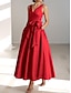 זול שמלות קוקטייל-שמלת אורח כלה בשורה אלגנטית שמלה חצי רשמית שמלה באורך תה ללא שרוולים סאטן עם כיס V צווארון עם קשת 2024