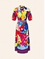 cheap Print Casual Dress-Satin Rainbow Floral Print Belted Midi Shirt Dress