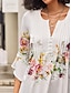 billige Bluser og trøjer til kvinder-Dame Skjorte Bluse Blomstret Knap Trykt mønster Afslappet Ferie Basale 3/4-ærmer Rund hals Hvid