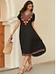 Χαμηλού Κόστους vintage μονόχρωμα φορέματα-Γυναικεία Κεντητό Μαύρο φόρεμα Μίντι φόρεμα Φλοράλ Λαιμόκοψη V Κοντομάνικο Καλοκαίρι Άνοιξη Μαύρο