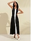 abordables Knit Dress-Vestido largo negro para mujer, bloque de color modal, sin mangas, cuello en V, vestido elegante de punto de línea