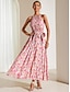cheap Print Dresses-Women&#039;s Chiffon Floral Ruched Pleated Tie Neck Midi Dress Party Sleeveless Summer