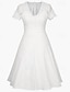 preiswerte Vintage schlichte Kleider-Damen Spitze Patchwork Vintage-Kleid Midikleid Elegant Glatt V Ausschnitt Kurzarm Weiß