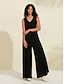 abordables Jumpsuits-Combinaison noire pour femmes, élégante, modal, bloc de couleurs, col en v, sans manches, jambes larges
