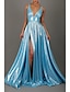 cheap Prom Dresses-A-Line Prom Dresses Sparkle Dress Formal Wedding Guest Floor Length Sleeveless V Neck Satin with Pleats Slit 2024
