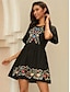 preiswerte Vintage schlichte Kleider-Damen Bestickt schwarzes kleid Minikleid Blumen Rundhalsausschnitt Kurzarm Sommer Frühling Schwarz