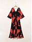 preiswerte Lässiges Kleid mit Aufdruck-Maxikleid aus Chiffon mit V-Ausschnitt und Blätter-Blumen-Print
