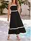 billige almindelige kjoler-kvinders sorte kjole a line maxi kjole blonde trim ferie strand spaghetti strop ærmeløs sommer