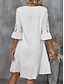 お買い得  無地ドレス-女性用 サマードレス 袖付きホワイトレースドレス ホワイトレースのウェディングドレス ミディドレス ボタン エレガント Ｖネック 半袖 ホワイト カラー