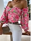 billige Bluser og trøjer til kvinder-Dame Skjorte Bluse Blomstret Trykt mønster Ferierejse I-byen-tøj Afslappet Pufærmer Langærmet Skulderfri Sort Forår sommer