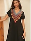 cheap Vintage Plain Dresses-Women&#039;s Embroidered Black Dress Midi Dress Floral V Neck Short Sleeve Summer Spring Black