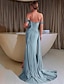 Χαμηλού Κόστους Βραδινά Φορέματα-βραδινό φόρεμα χορού γοργόνας επίσημο φόρεμα για καλεσμένους γάμου, κοντό μανίκι σατέν από τον ώμο με τραχύ σκίσιμο 2024